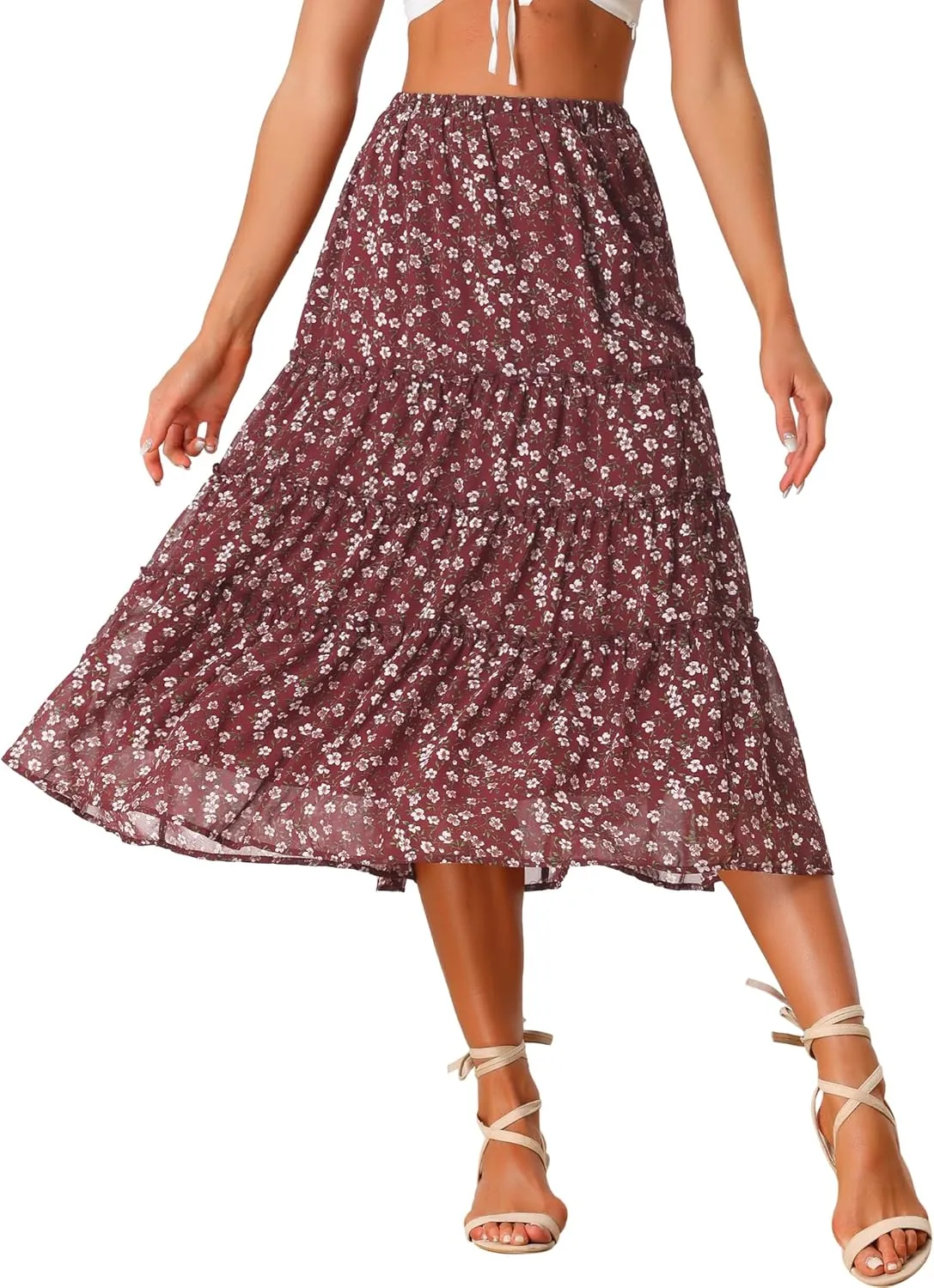 Allegra K Women's Floral Skirts Chiffon A-line Long Tiered Ruffle Boho Midi Skirt XS-3XL