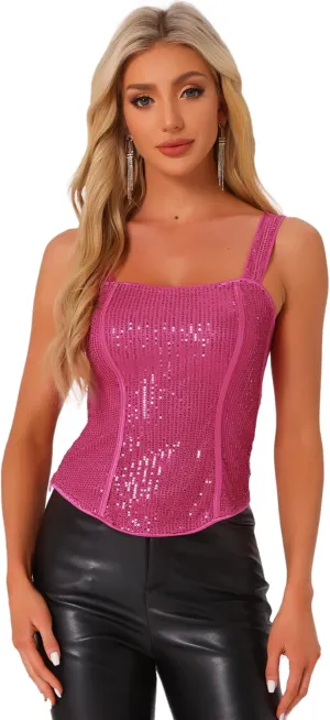 Allegra K Women's Sequin Tank Tops Sparkly Glitter Sleeveless Camisole Corset Top