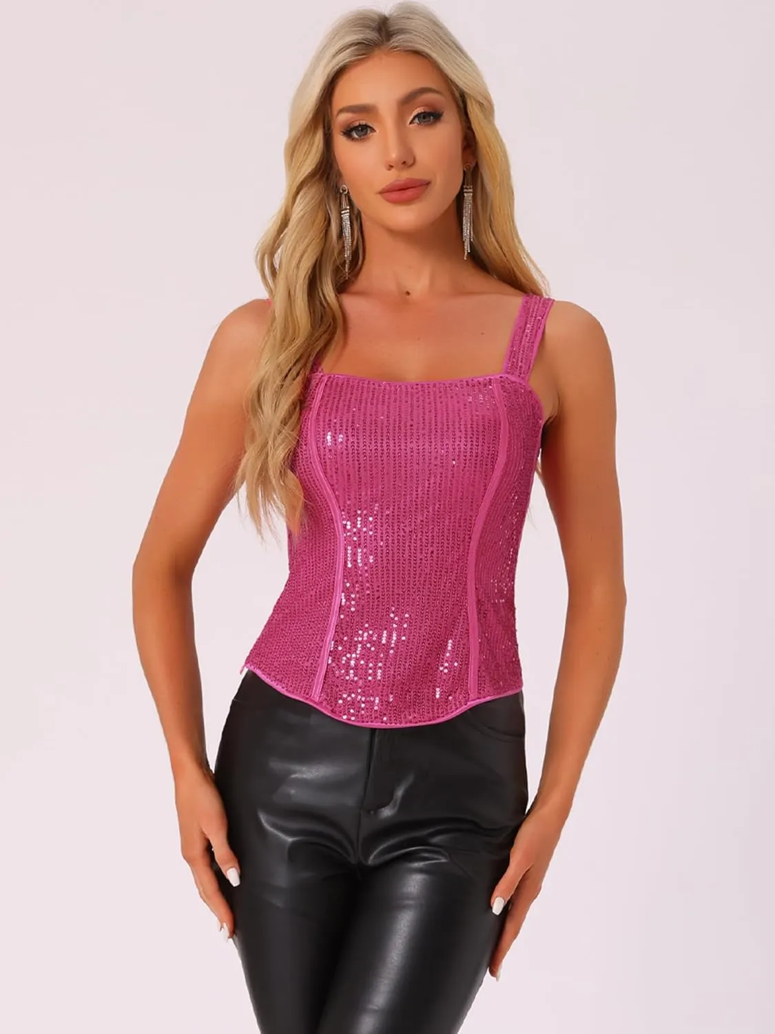 Allegra K Women's Sequin Tank Tops Sparkly Glitter Sleeveless Camisole Corset Top