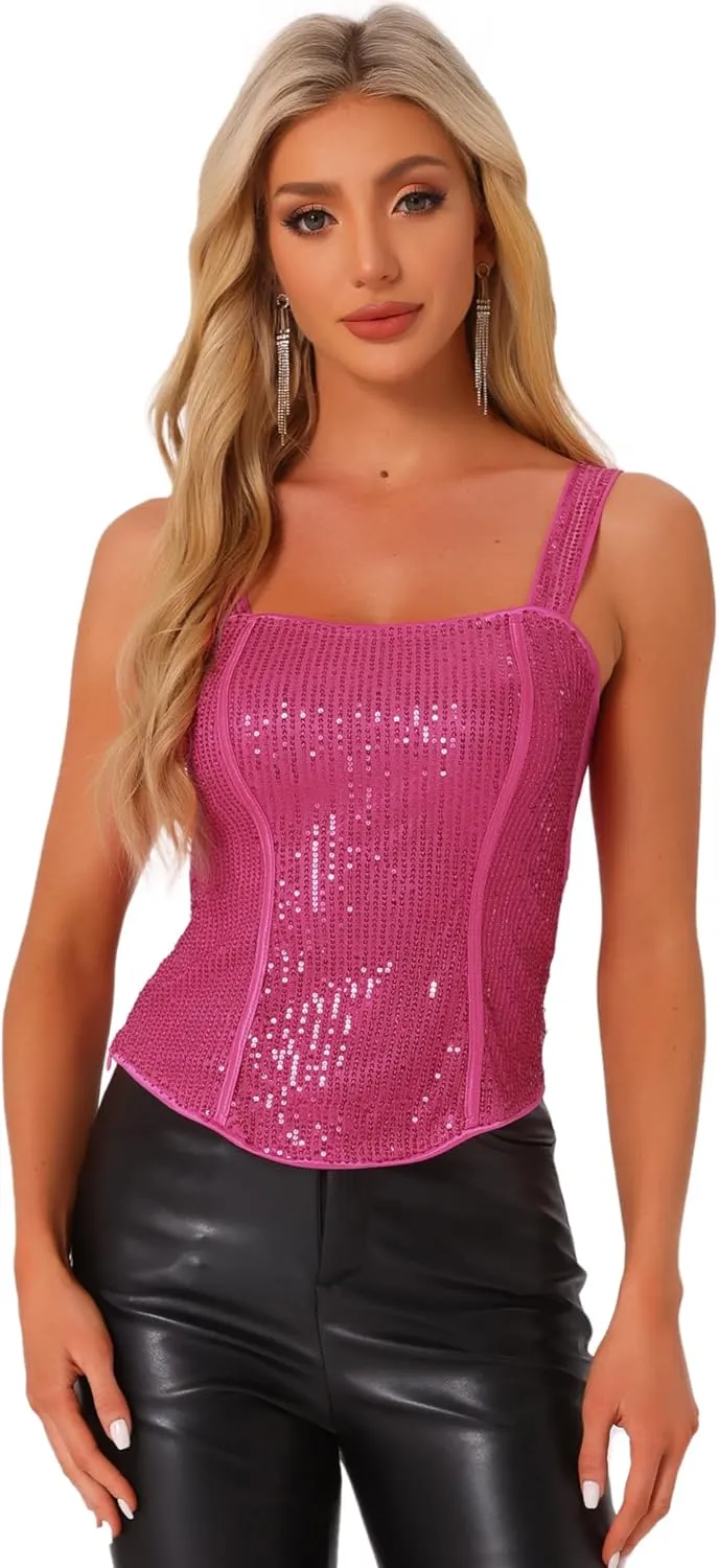 Allegra K Women's Sequin Tank Tops Sparkly Glitter Sleeveless Camisole Corset Top