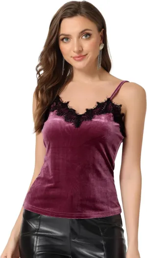Allegra K Women's Velvet Camisole Lace Velour Party Club Spaghetti Strap Cami Top