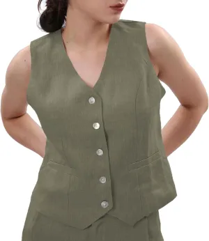 Amazhiyu Women's 100% Linen Sleeveless Button Down Crop Top Tie Back Waistcoat Vest