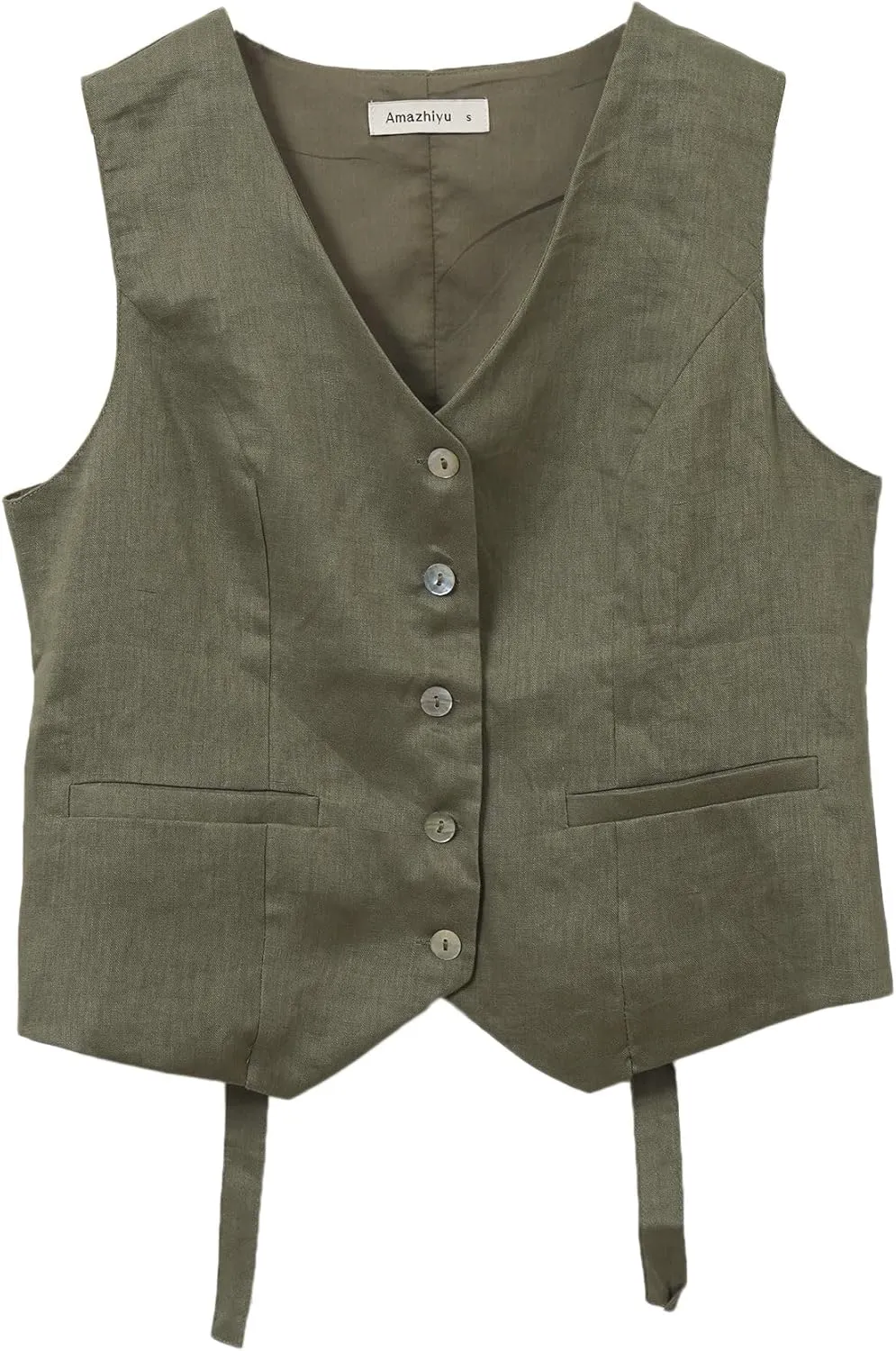 Amazhiyu Women's 100% Linen Sleeveless Button Down Crop Top Tie Back Waistcoat Vest