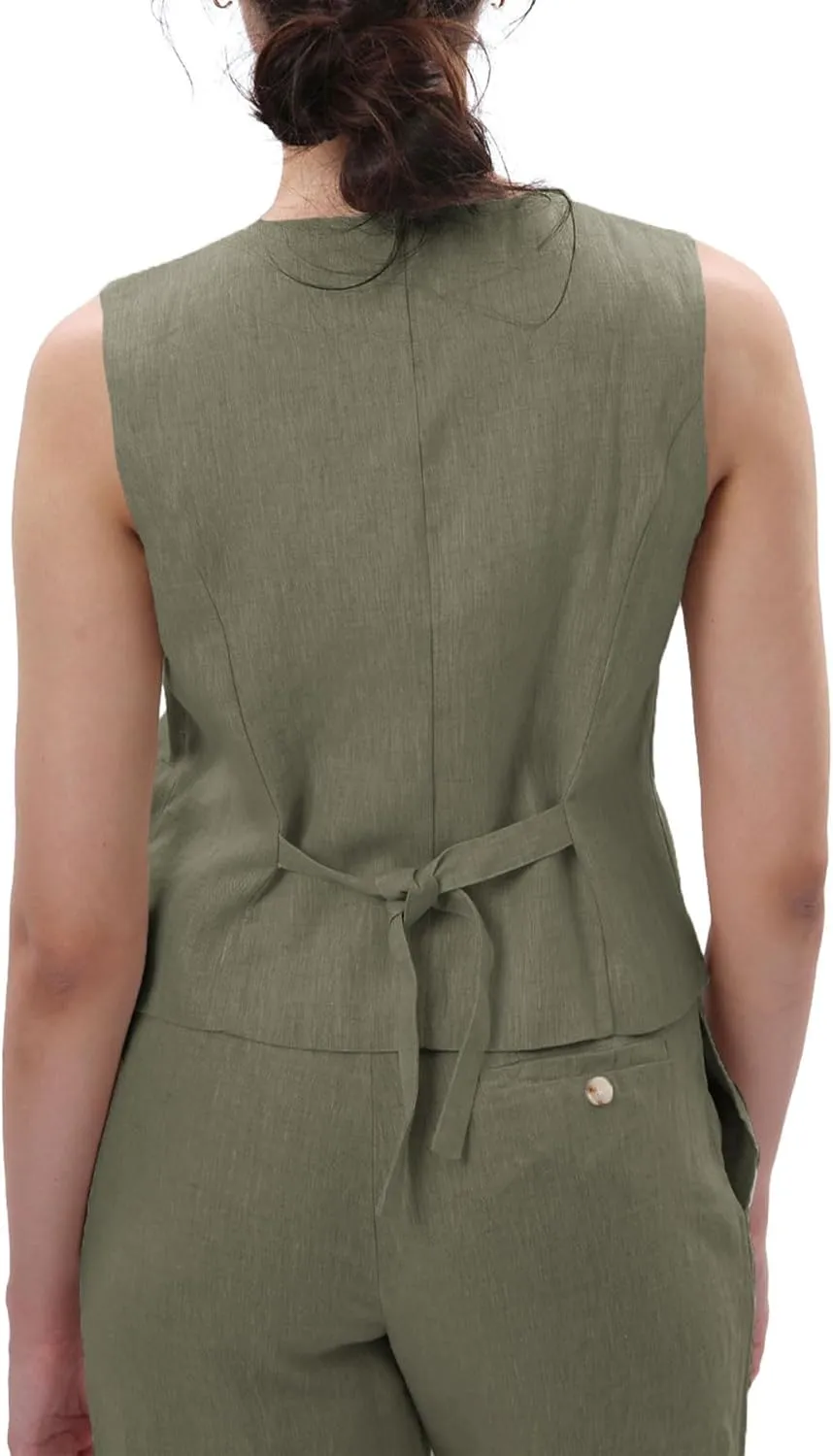 Amazhiyu Women's 100% Linen Sleeveless Button Down Crop Top Tie Back Waistcoat Vest