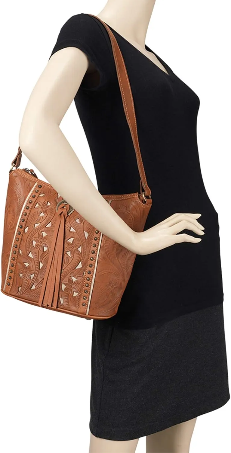 American West Hill Country Zip Top Bucket Tote - Genuine Leather Handbag for Women