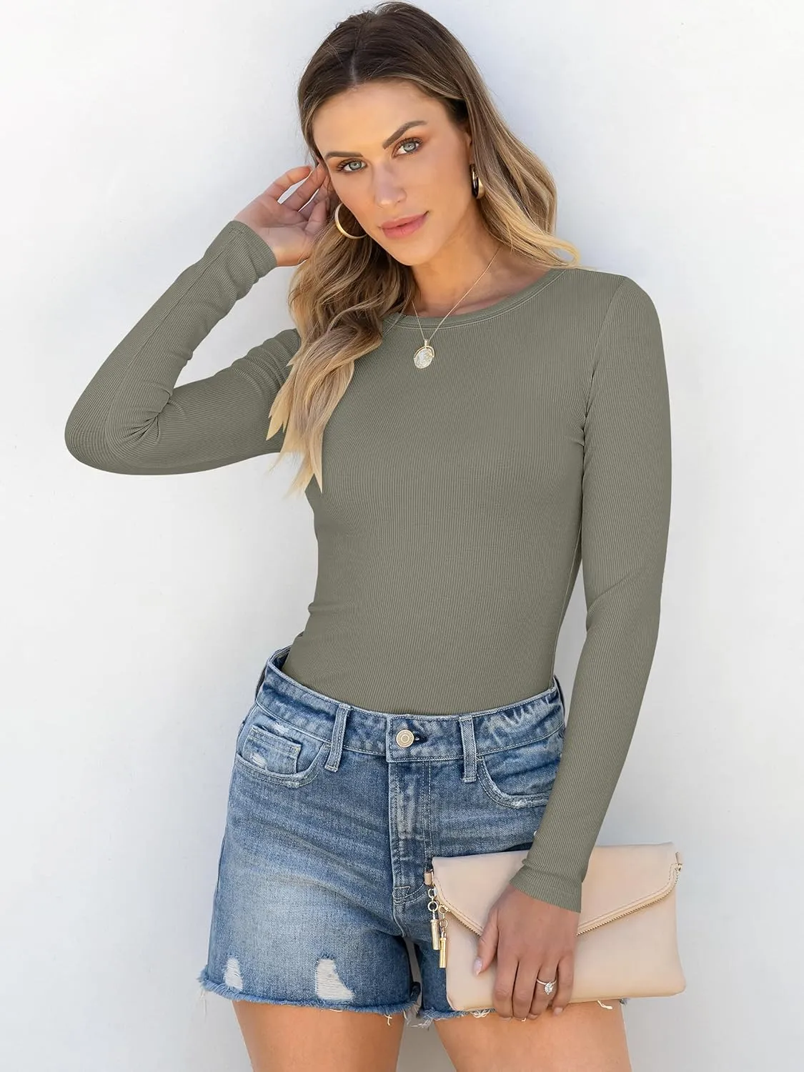 ANRABESS Women Long Sleeve Crewneck Rib Knit Slim Fit Shirts Basic Tee Tops 2025 Casual T-Shirt Going Out Workout Outfits