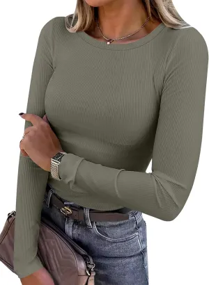 ANRABESS Women Long Sleeve Crewneck Rib Knit Slim Fit Shirts Basic Tee Tops 2025 Casual T-Shirt Going Out Workout Outfits