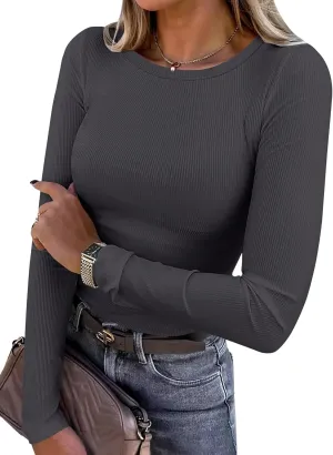 ANRABESS Women Long Sleeve Crewneck Rib Knit Slim Fit Shirts Basic Tee Tops 2025 Casual T-Shirt Going Out Workout Outfits
