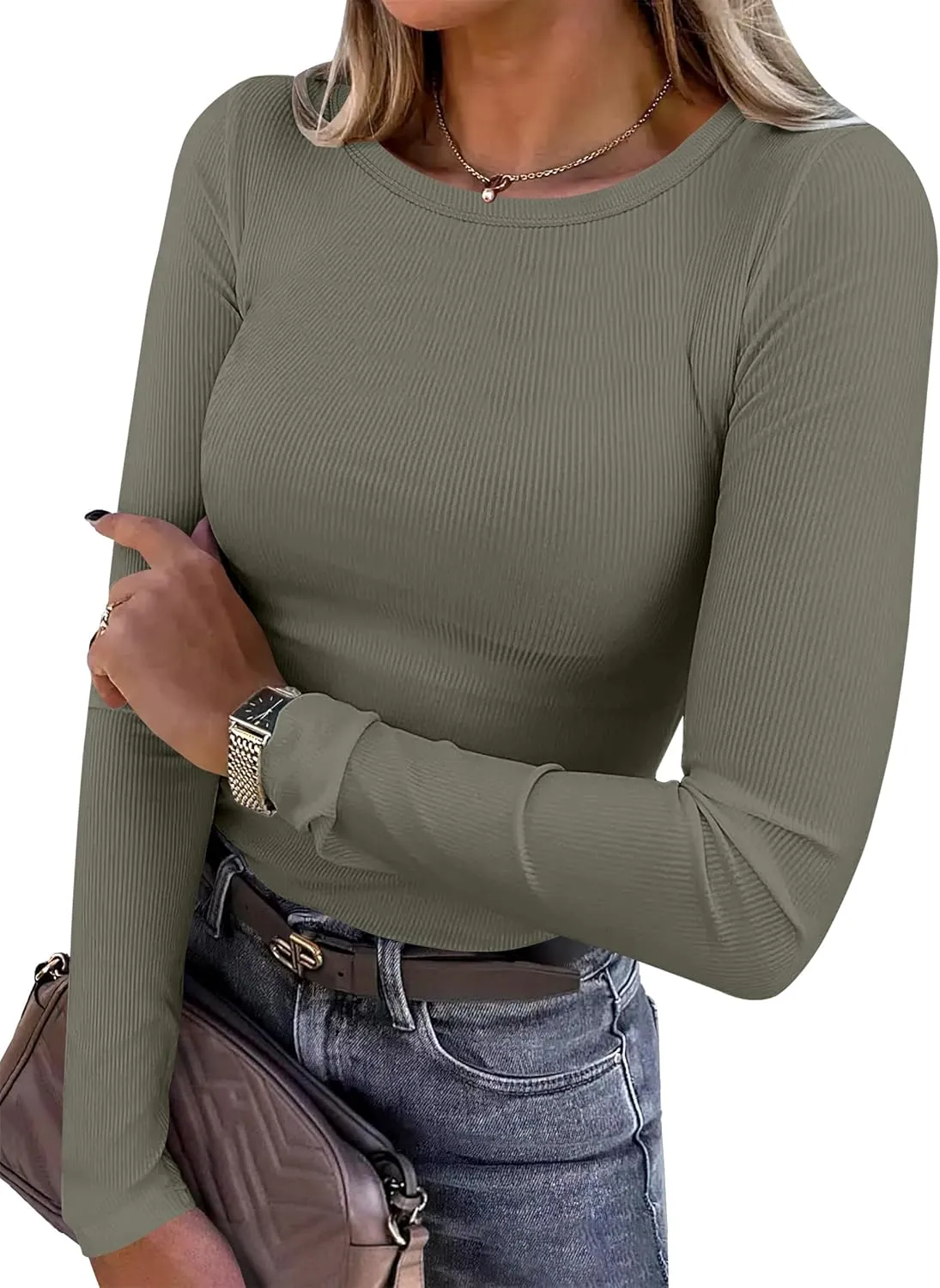 ANRABESS Women Long Sleeve Crewneck Rib Knit Slim Fit Shirts Basic Tee Tops 2025 Casual T-Shirt Going Out Workout Outfits