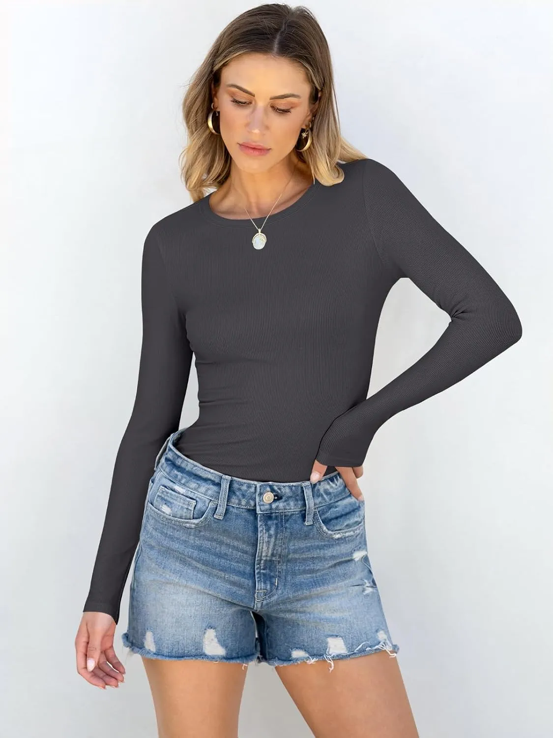 ANRABESS Women Long Sleeve Crewneck Rib Knit Slim Fit Shirts Basic Tee Tops 2025 Casual T-Shirt Going Out Workout Outfits