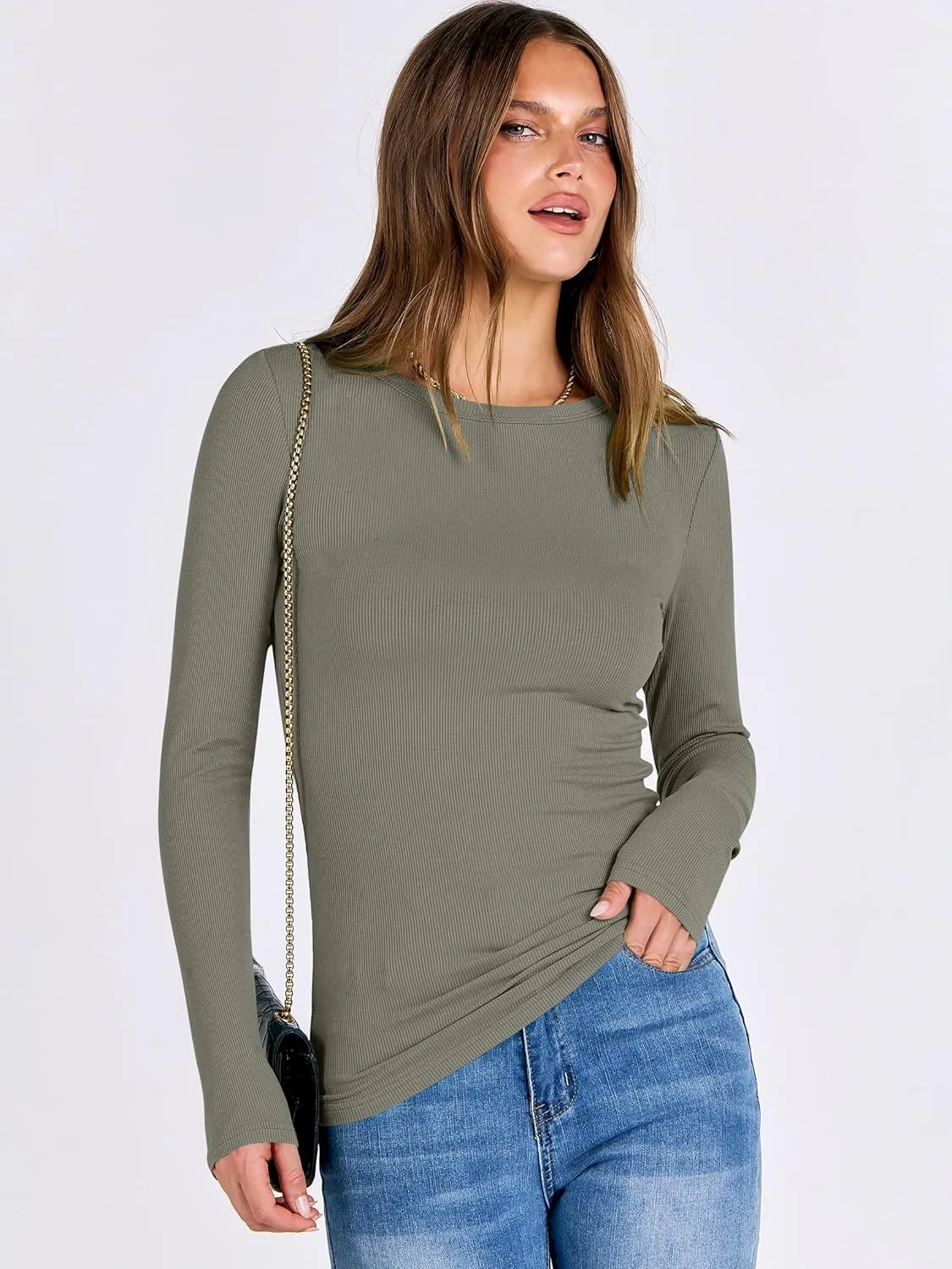 ANRABESS Women Long Sleeve Crewneck Rib Knit Slim Fit Shirts Basic Tee Tops 2025 Casual T-Shirt Going Out Workout Outfits