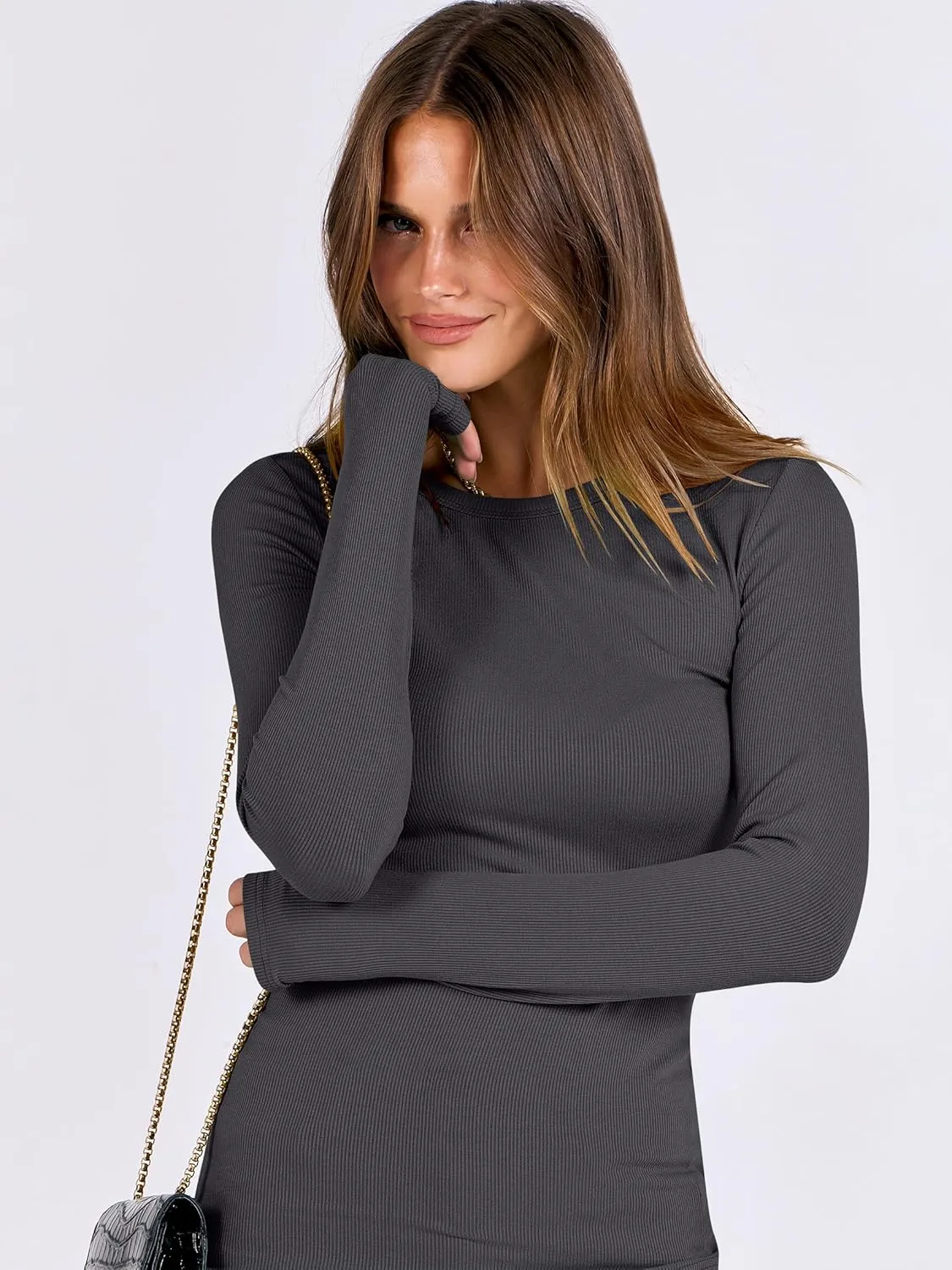 ANRABESS Women Long Sleeve Crewneck Rib Knit Slim Fit Shirts Basic Tee Tops 2025 Casual T-Shirt Going Out Workout Outfits