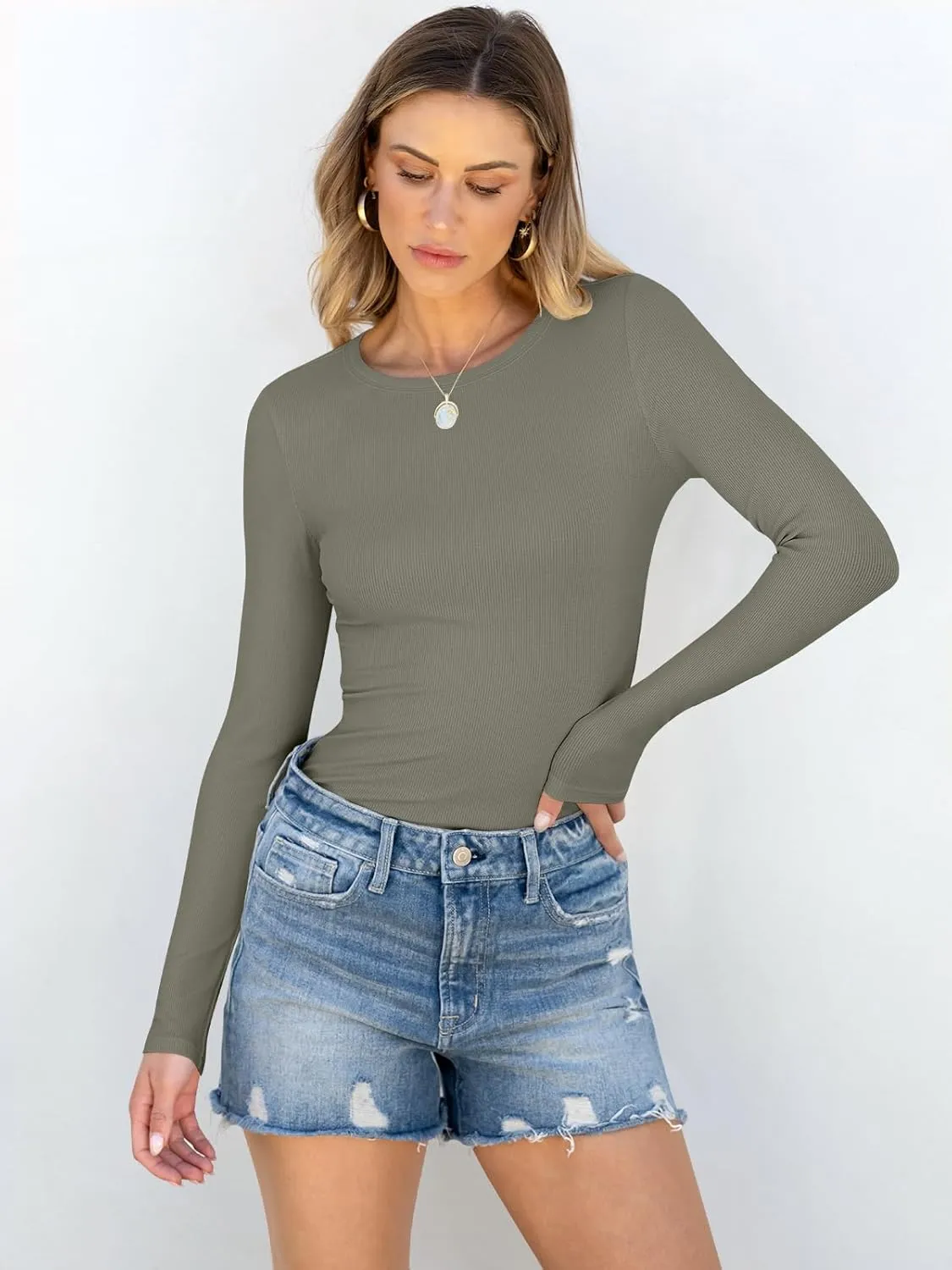 ANRABESS Women Long Sleeve Crewneck Rib Knit Slim Fit Shirts Basic Tee Tops 2025 Casual T-Shirt Going Out Workout Outfits