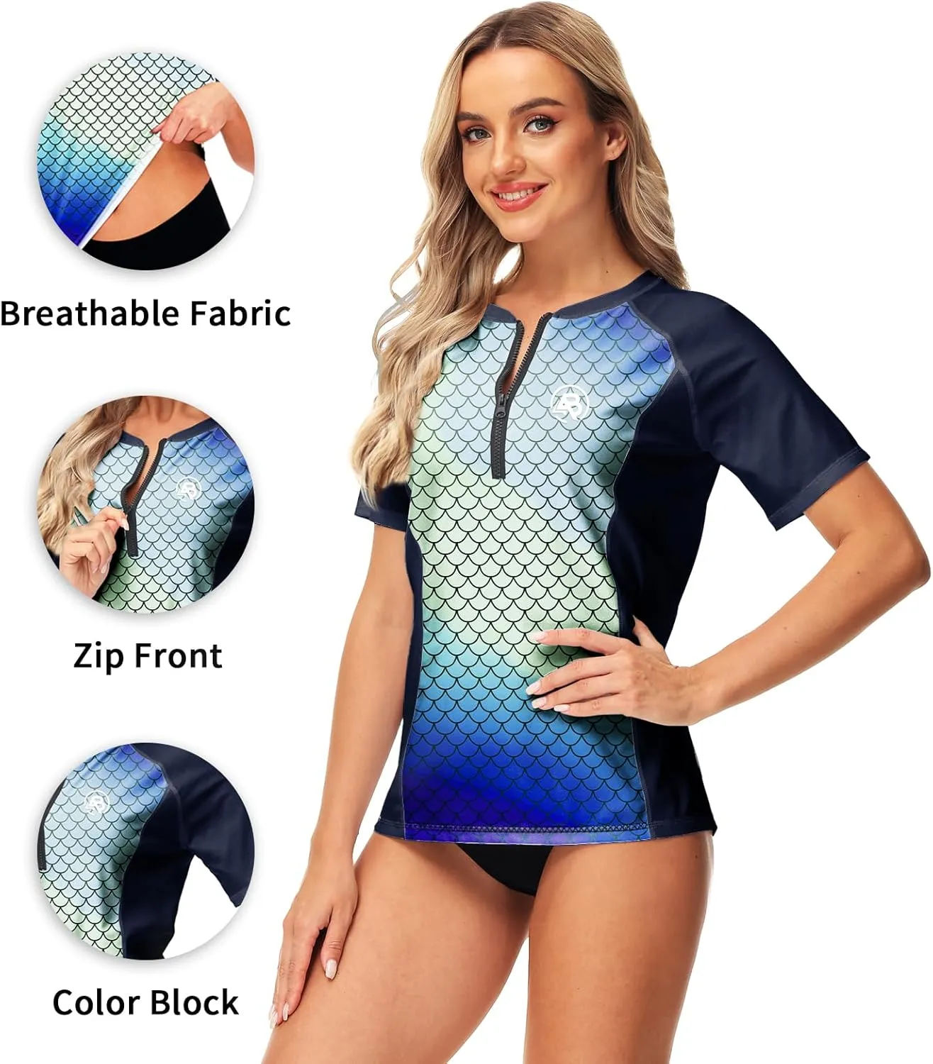 AOBUTE Women Zip Rash Guard UPF 50  Gradient Short Sleeve Swim Top Surf Shirts