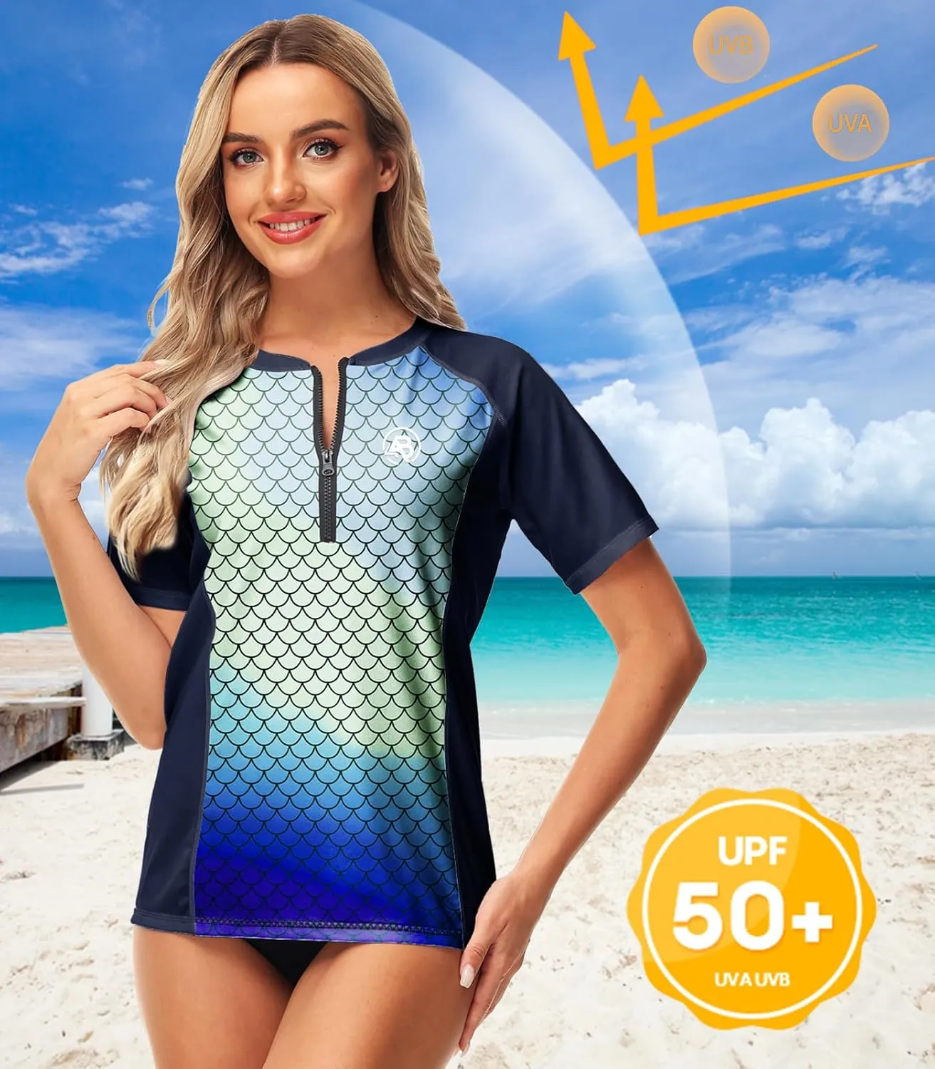 AOBUTE Women Zip Rash Guard UPF 50  Gradient Short Sleeve Swim Top Surf Shirts