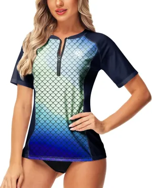 AOBUTE Women Zip Rash Guard UPF 50  Gradient Short Sleeve Swim Top Surf Shirts