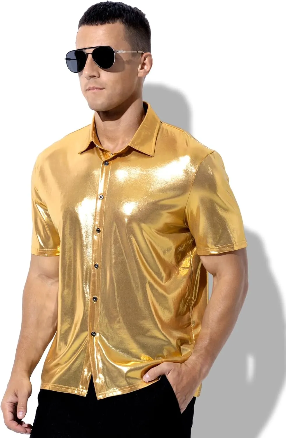Arjen Kroos Men's 70s Disco Shirt Sequins Party Costume Short Sleeve Metallic Rave Button Down Shirts