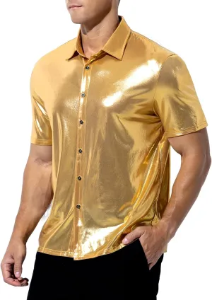 Arjen Kroos Men's 70s Disco Shirt Sequins Party Costume Short Sleeve Metallic Rave Button Down Shirts