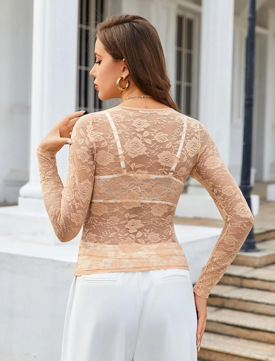 Avidlove Mesh Tops for Women Sheer Long Sleeve Tops V Neck Lace Blouses Under Shirts Floral Lace Tee Shirt S-XXL