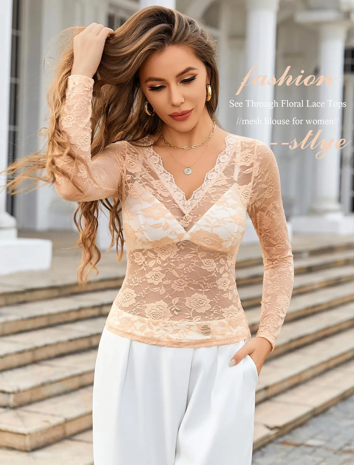 Avidlove Mesh Tops for Women Sheer Long Sleeve Tops V Neck Lace Blouses Under Shirts Floral Lace Tee Shirt S-XXL