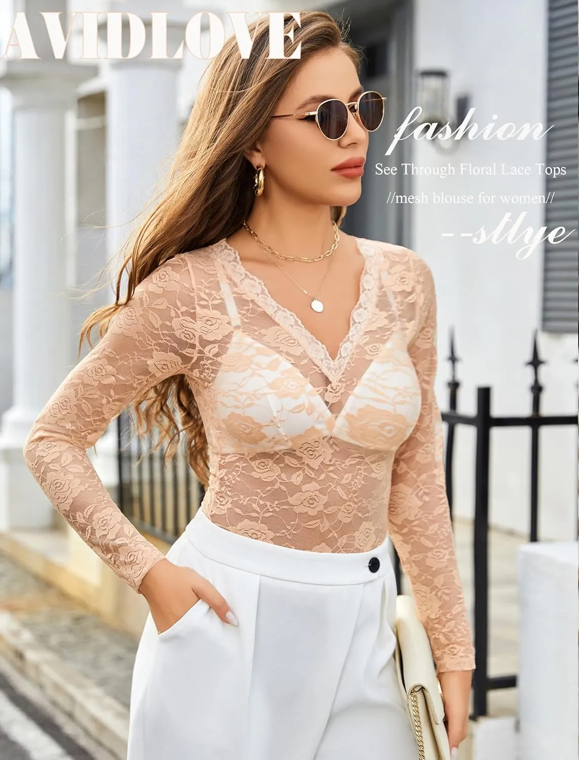 Avidlove Mesh Tops for Women Sheer Long Sleeve Tops V Neck Lace Blouses Under Shirts Floral Lace Tee Shirt S-XXL