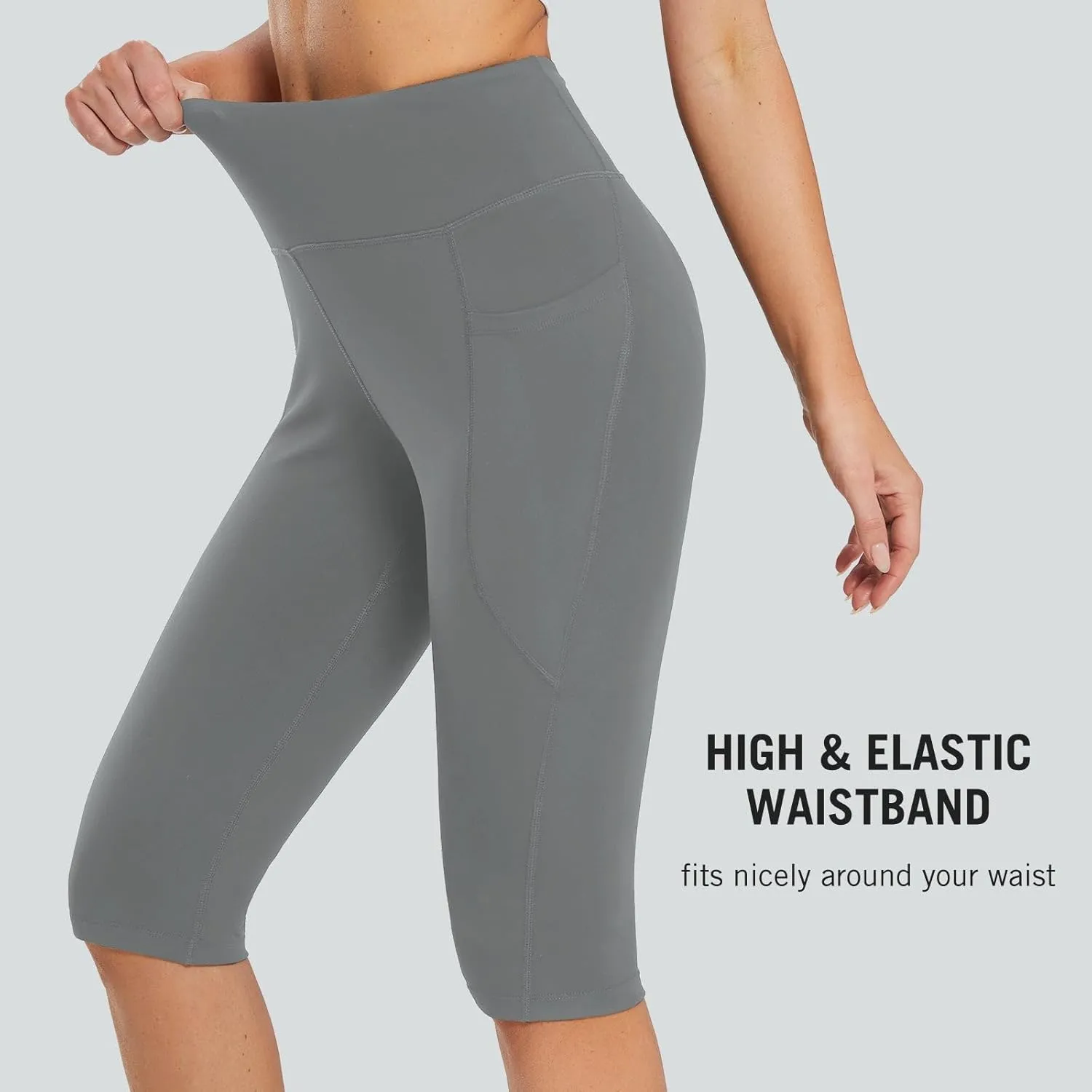 baleaf Women's Capri Leggings with Pockets High Waisted Knee Length Capris Stretch for Casual Yoga Pants Workout Exercise