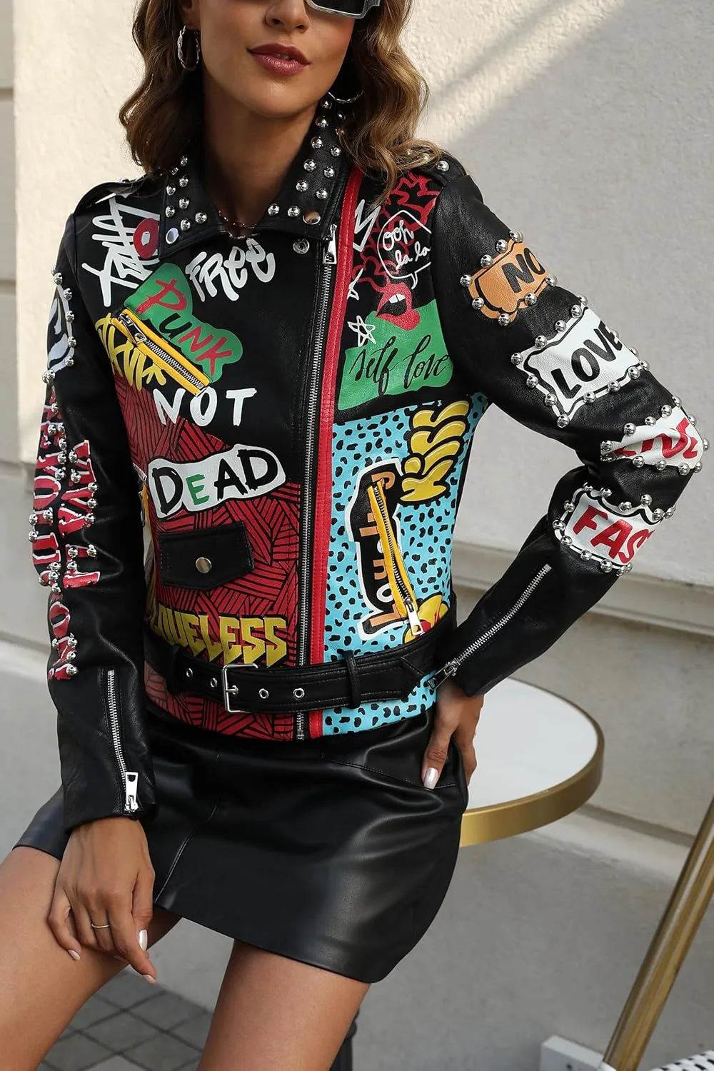 Bellivera Faux Leather Jacket for Women Studded Rivet Floral Moto Biker Short Lapel Coat