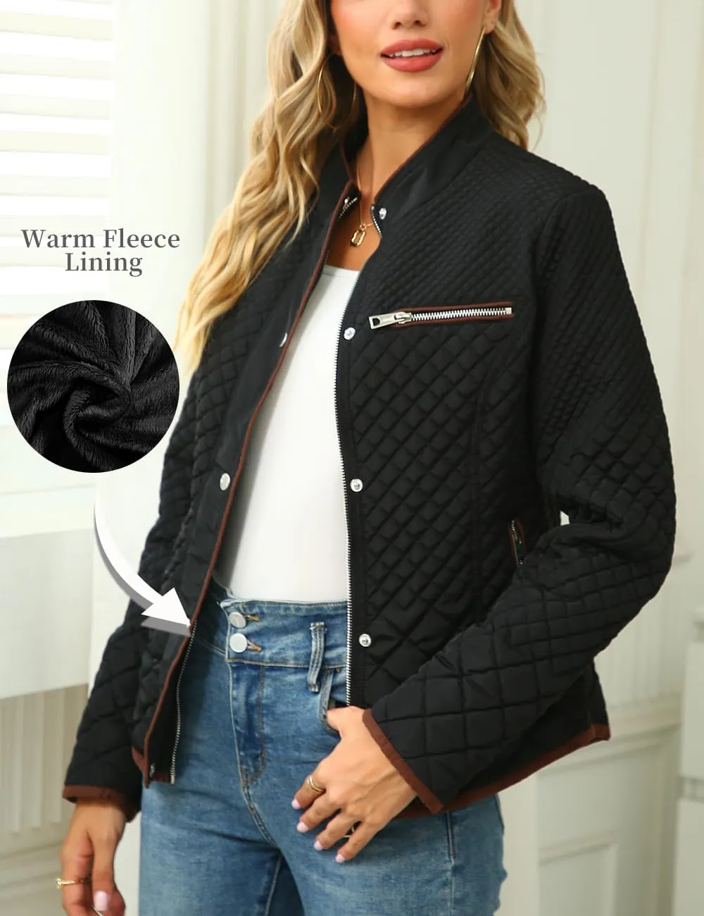 Bellivera Women's Stand Collar Lightweight Quilted Puffer Jacket Padded Zip Coat for Spring and Winter