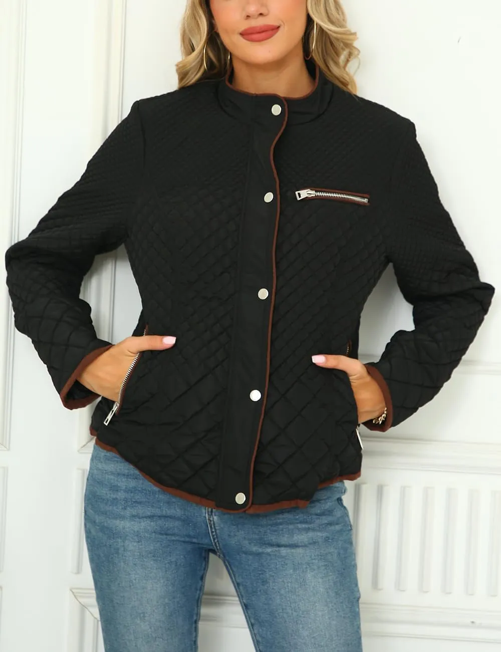 Bellivera Women's Stand Collar Lightweight Quilted Puffer Jacket Padded Zip Coat for Spring and Winter