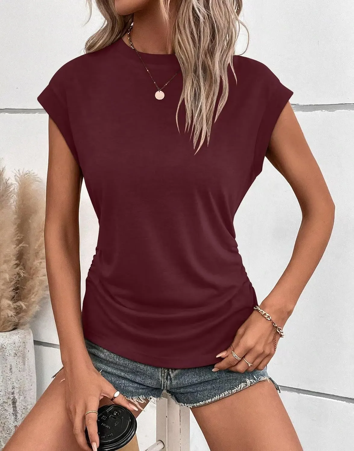 Bliwov Womens Summer Cap Sleeve Tops Business Casual Crewneck T Shirts Trendy Outfits 2025 Beach Vacation Fashion Blouses