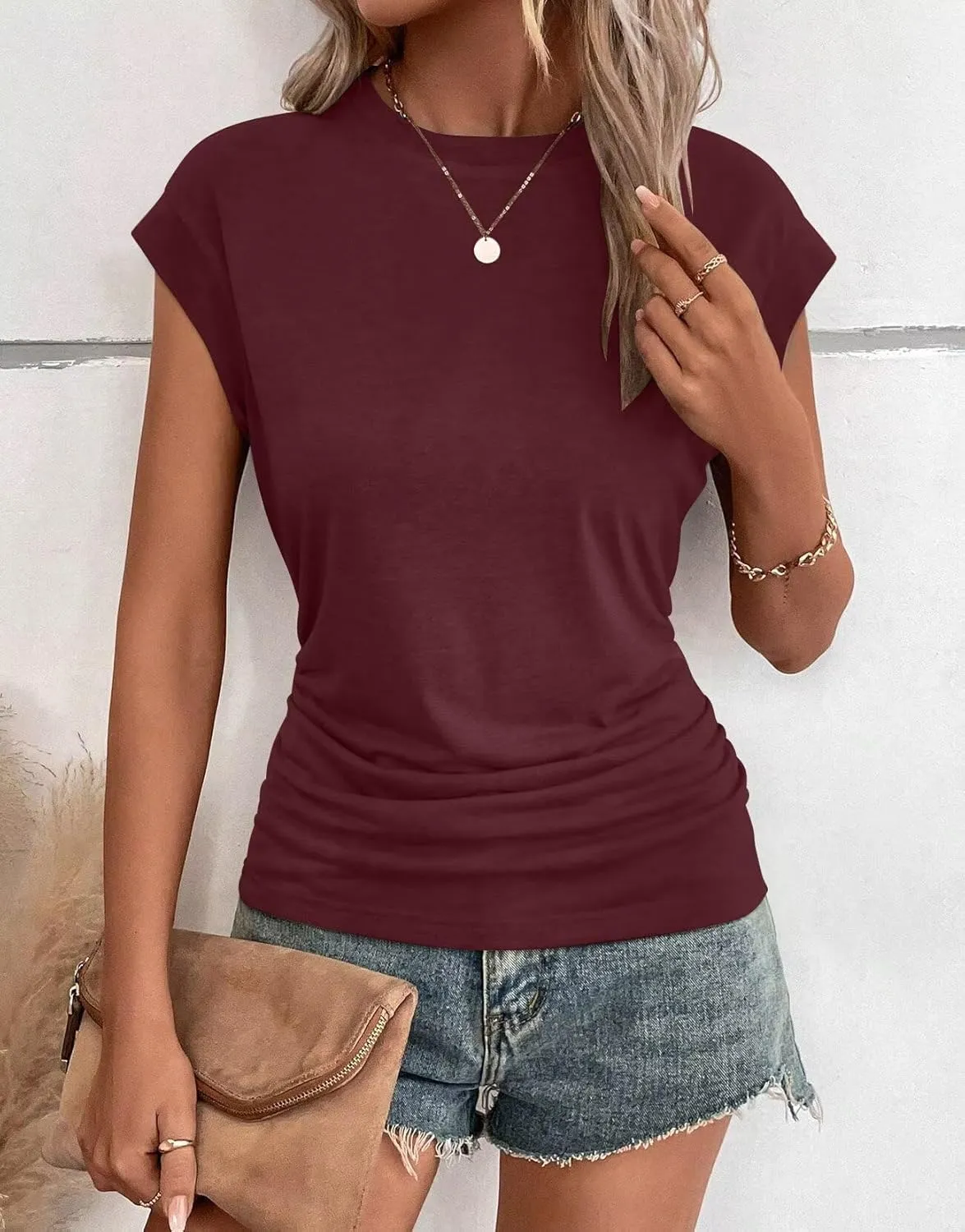 Bliwov Womens Summer Cap Sleeve Tops Business Casual Crewneck T Shirts Trendy Outfits 2025 Beach Vacation Fashion Blouses