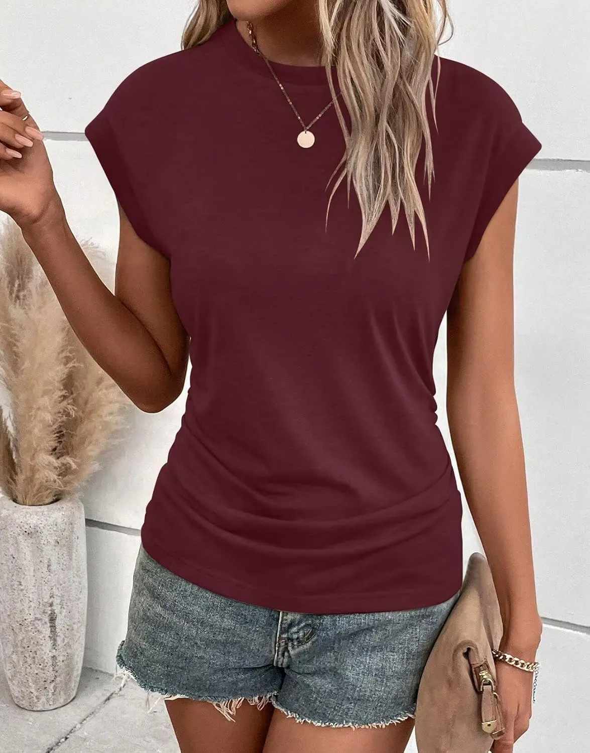 Bliwov Womens Summer Cap Sleeve Tops Business Casual Crewneck T Shirts Trendy Outfits 2025 Beach Vacation Fashion Blouses