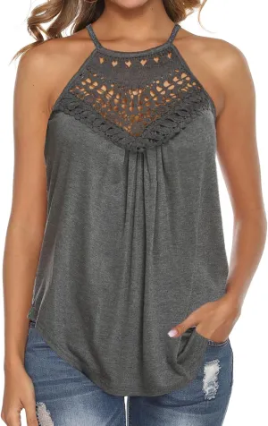 Bluetime Halter Tops for Women Sexy Sleeveless Lace Crochet Dressy Flowy Tank Top Cute Summer Shirts