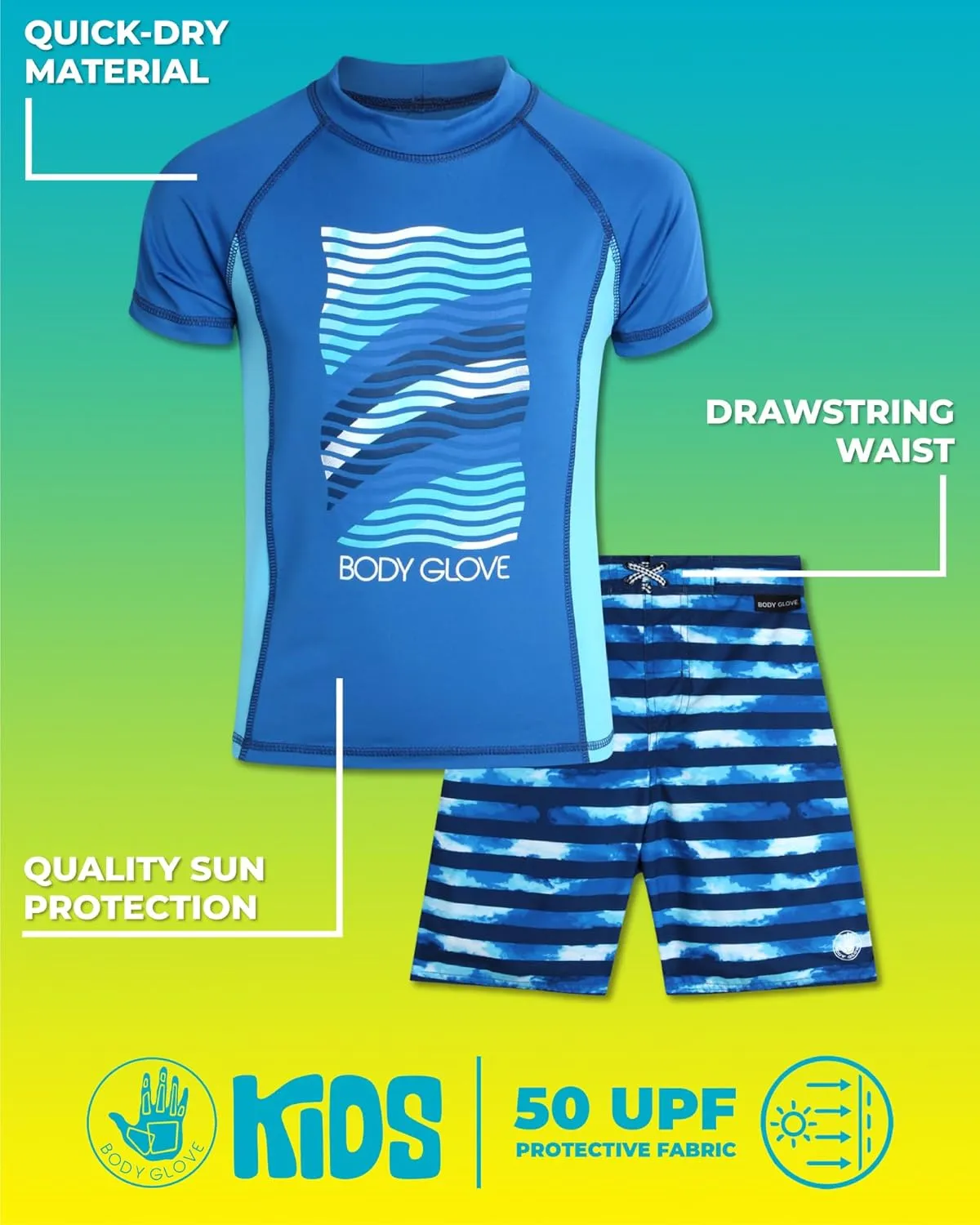 Body Glove Boys' Rash Guard Swim Set - 2 Piece UPF 50  Swim Shirt and Bathing Suit Trunk for Boys (4-12)