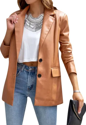 BOFETA Women's Long Sleeve Faux Leather Blazer Solid Color Lapel Neck Work Blazer Jacket Coat with Pockets