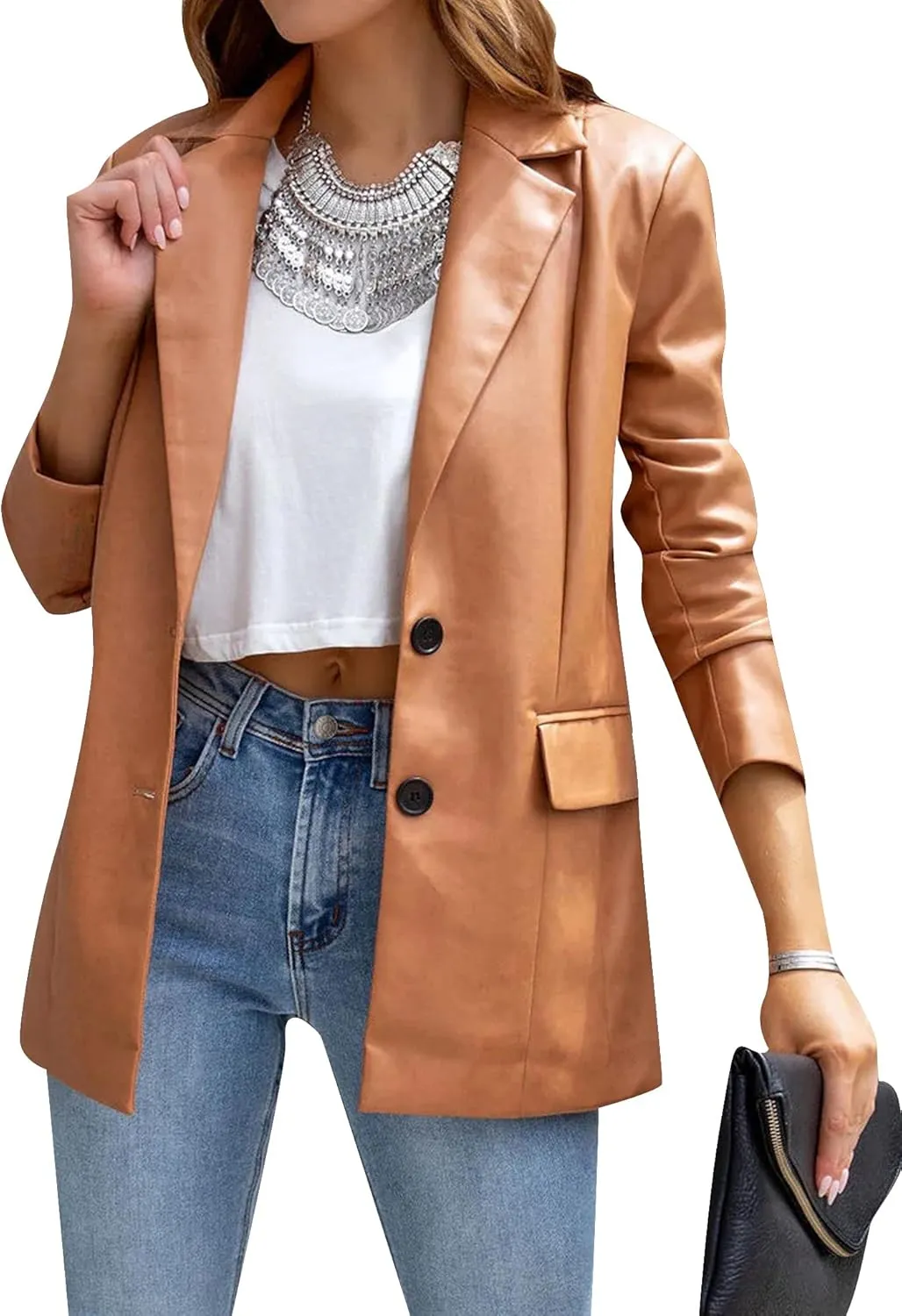 BOFETA Women's Long Sleeve Faux Leather Blazer Solid Color Lapel Neck Work Blazer Jacket Coat with Pockets