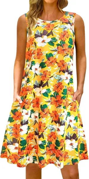 Boho Dresses for Women 2024 Summer Midi Dress Casual Spring Floral Print Tank Sleeveless Flowy Short Beach Sun Dress