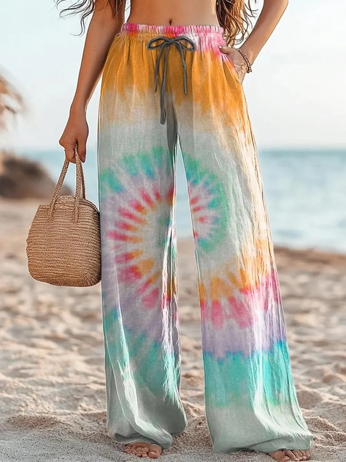 Boho Floral Wide Leg Pants for Women Cotton Linen Casual Loose Pants Summer Beach Flowers Print Flowy Long Pants