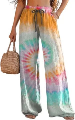 Boho Floral Wide Leg Pants for Women Cotton Linen Casual Loose Pants Summer Beach Flowers Print Flowy Long Pants