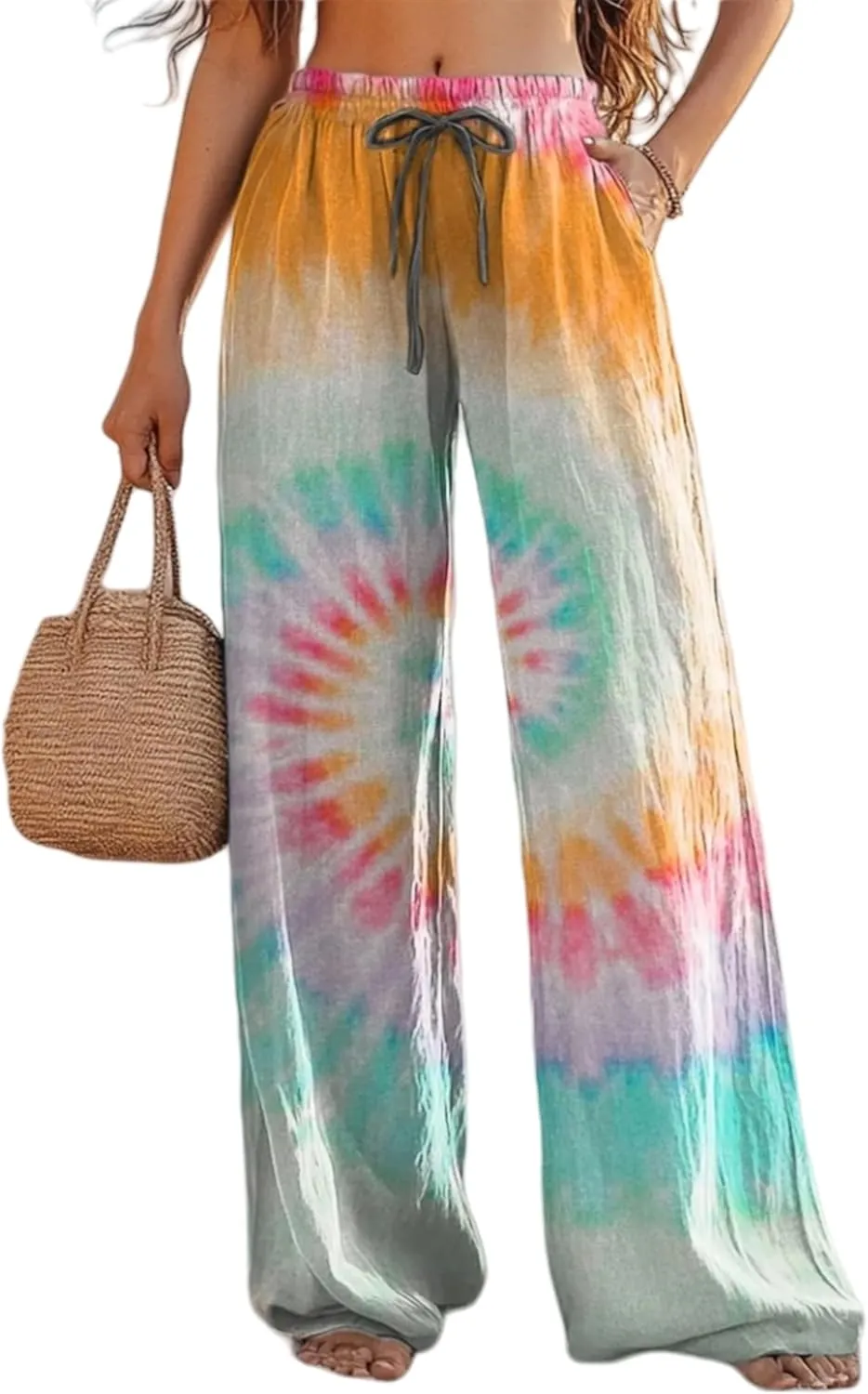 Boho Floral Wide Leg Pants for Women Cotton Linen Casual Loose Pants Summer Beach Flowers Print Flowy Long Pants