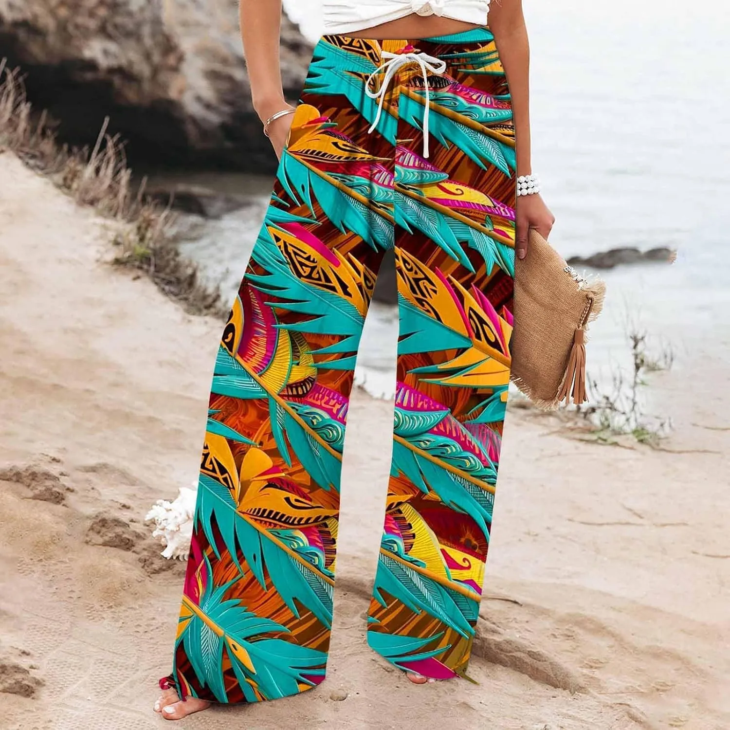 Boho Pants for Women Linen Palazzo Pants 2025 Summer High Waisted Boho Wide Leg Lounge Pant Trousers with Pocket