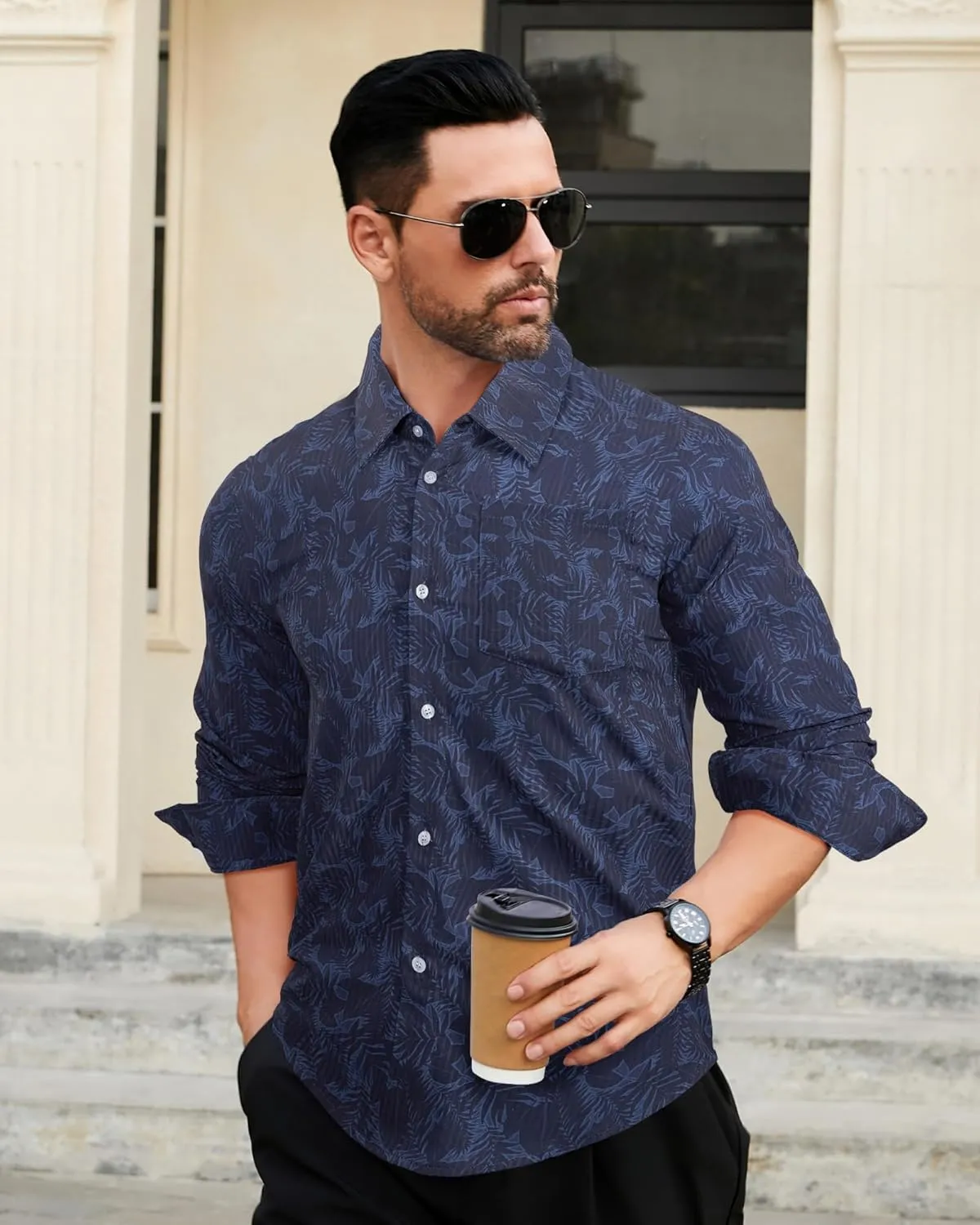 BOJIN Men's Dress Wrinkle-Free Stretch Long Sleeve Wedding Dating Business Casual Button Down Shirts with Pocket