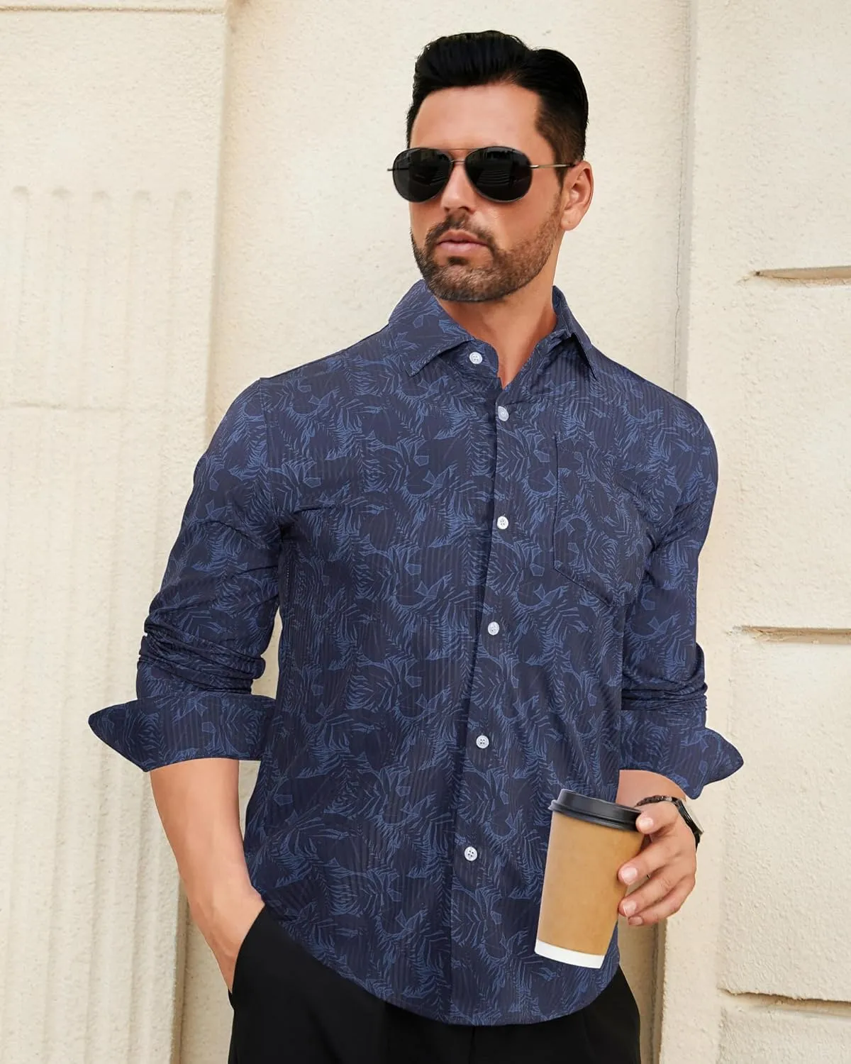 BOJIN Men's Dress Wrinkle-Free Stretch Long Sleeve Wedding Dating Business Casual Button Down Shirts with Pocket