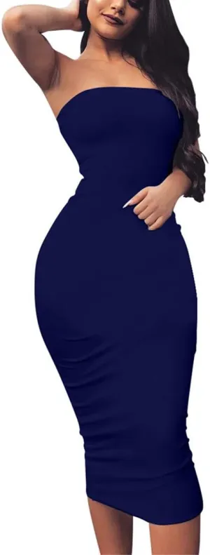 BORIFLORS Women's Basic Sleeveless Tube Top Sexy Strapless Bodycon Midi Club Dress