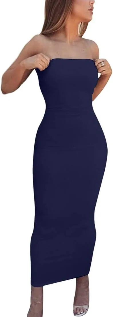 BORIFLORS Women's Basic Sleeveless Tube Top Sexy Strapless Bodycon Midi Club Dress