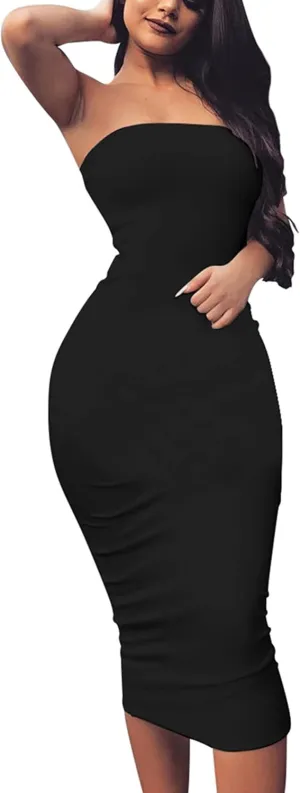 BORIFLORS Women's Basic Sleeveless Tube Top Sexy Strapless Bodycon Midi Club Dress