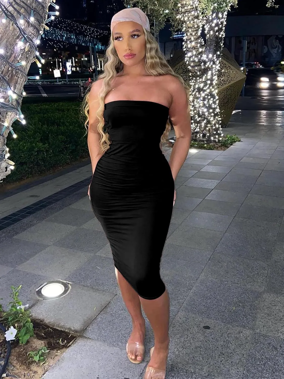 BORIFLORS Women's Basic Sleeveless Tube Top Sexy Strapless Bodycon Midi Club Dress
