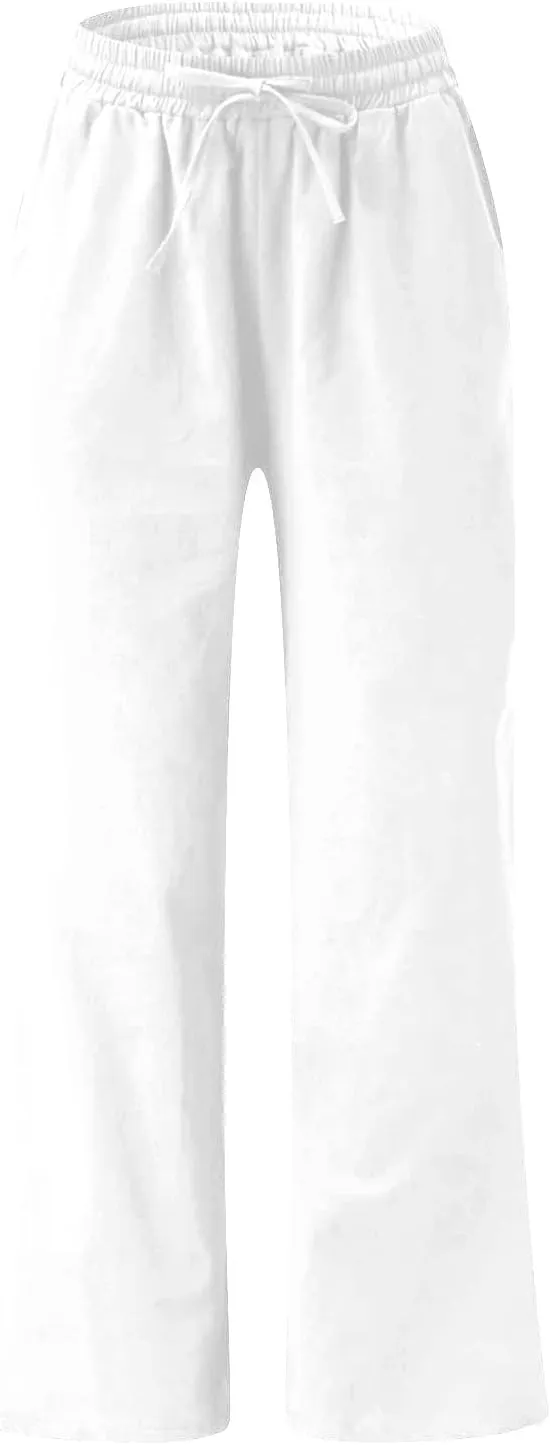 BZGTZT Women's Cotton Linen Pants Summer Casual Wide Leg Trousers Elastic Waist Drawstring Loose Lounge Pants with Pocket