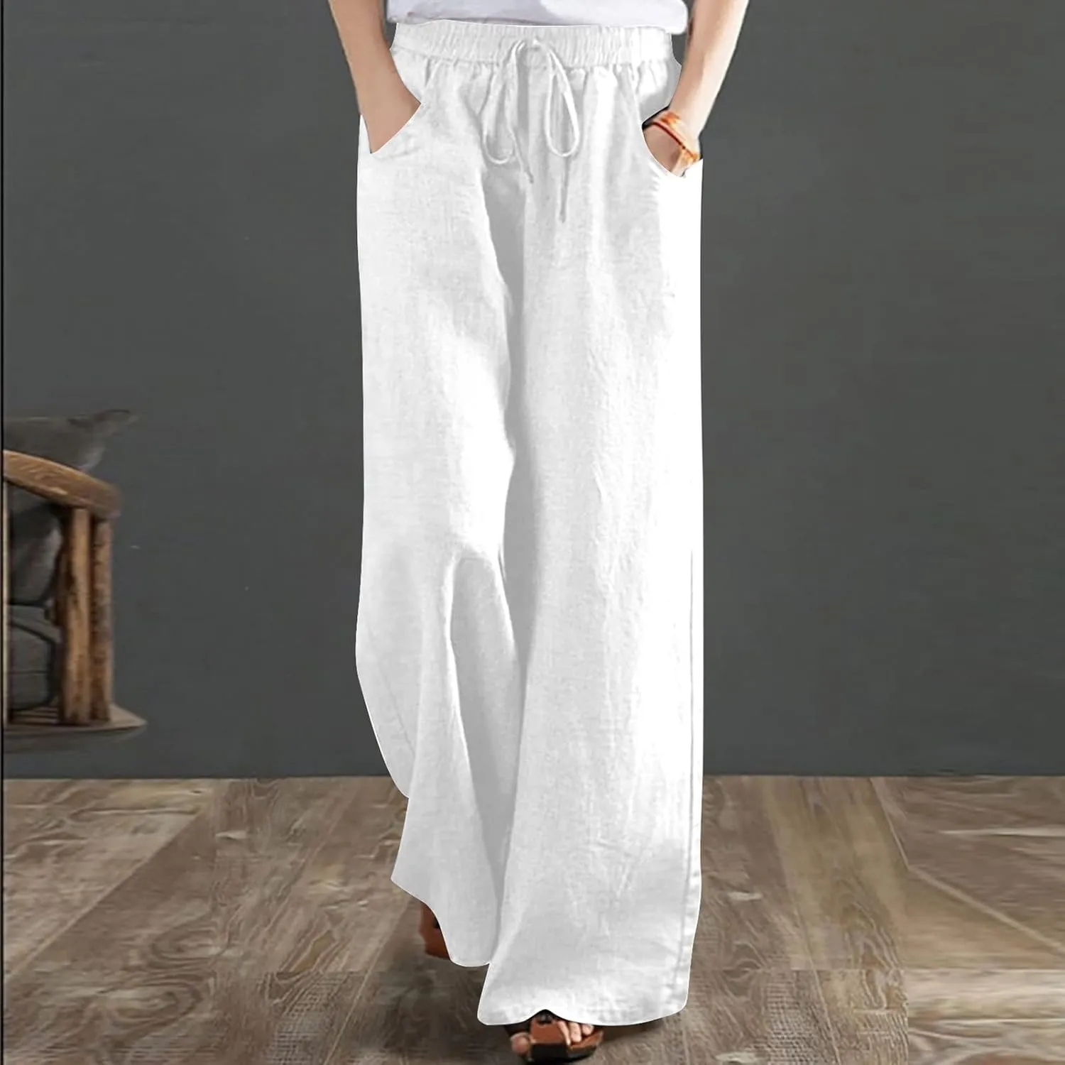 BZGTZT Women's Cotton Linen Pants Summer Casual Wide Leg Trousers Elastic Waist Drawstring Loose Lounge Pants with Pocket