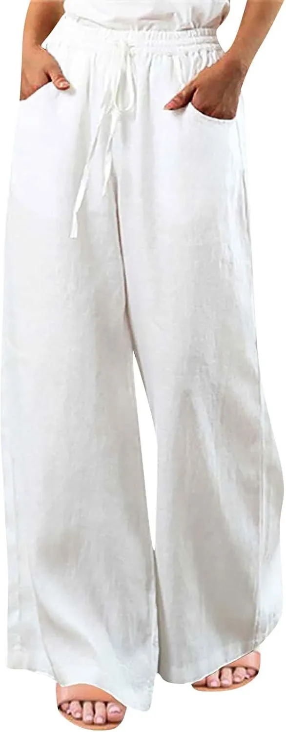BZGTZT Women's Cotton Linen Pants Summer Casual Wide Leg Trousers Elastic Waist Drawstring Loose Lounge Pants with Pocket
